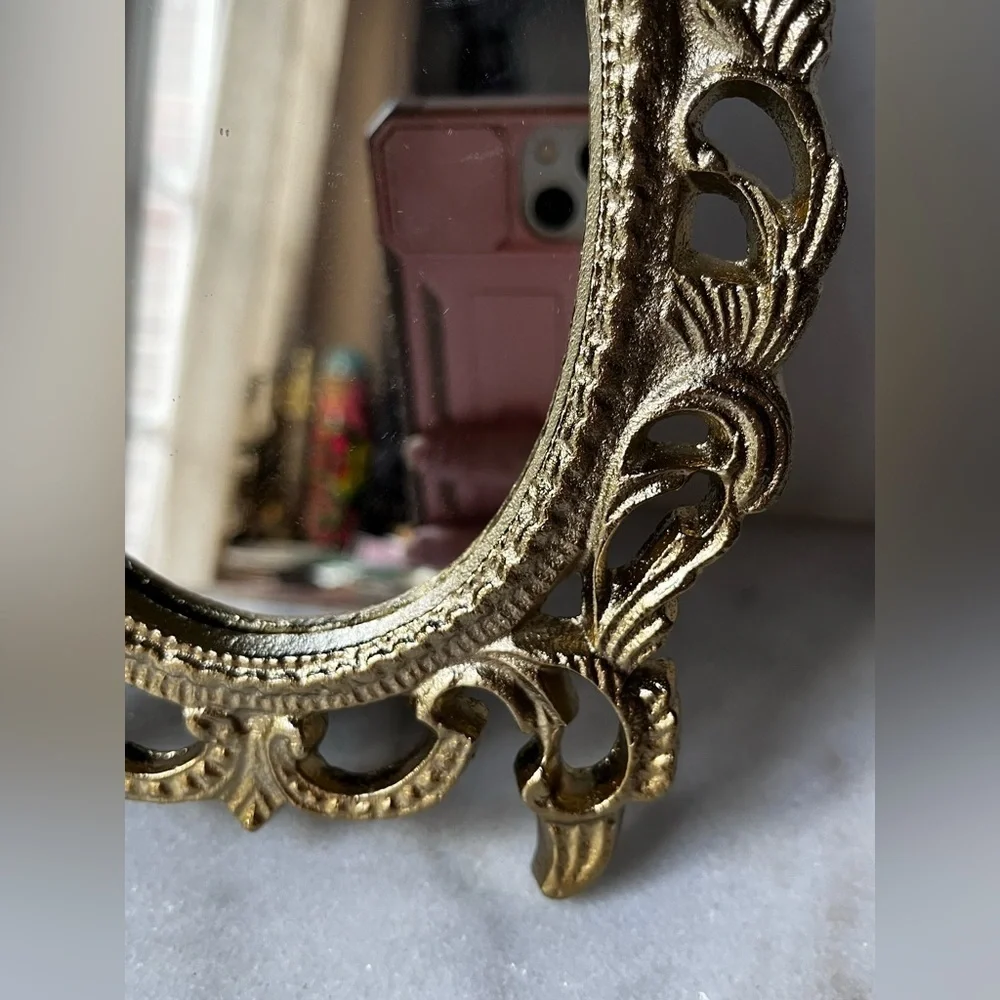 Ornate Vanity Mirror Oval metal Frame Scrollwork Tabletop Stand..